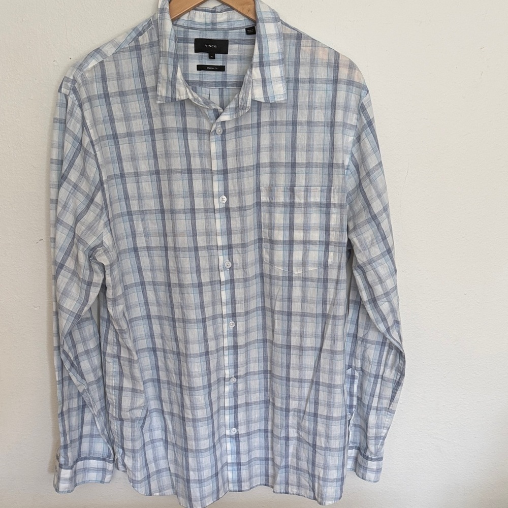 Vince sz XL Light Blue and White Plaid Shirt button down great pre owned cond